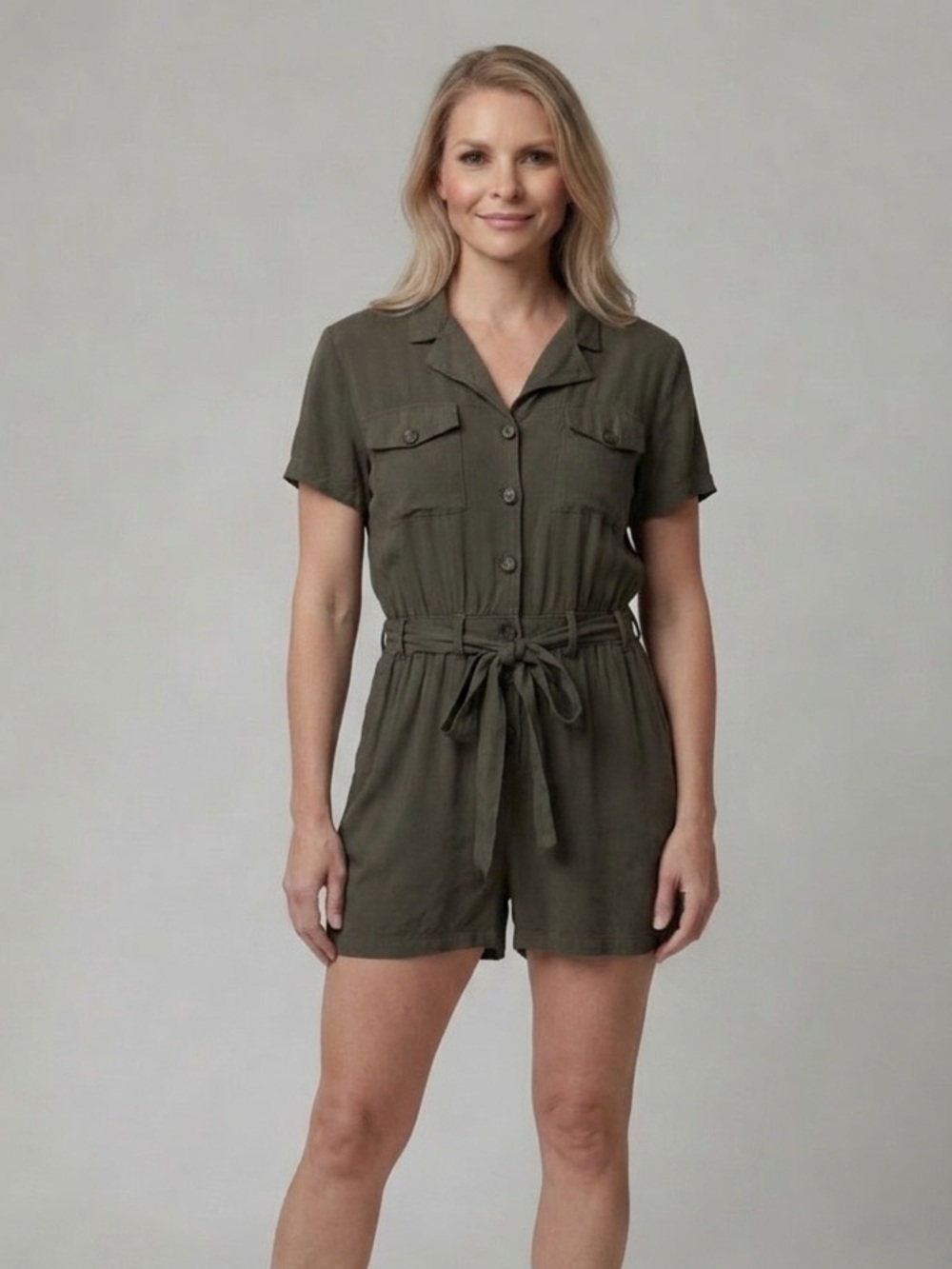 Olive Green Short Sleeve Button Down Belted Romper Size S